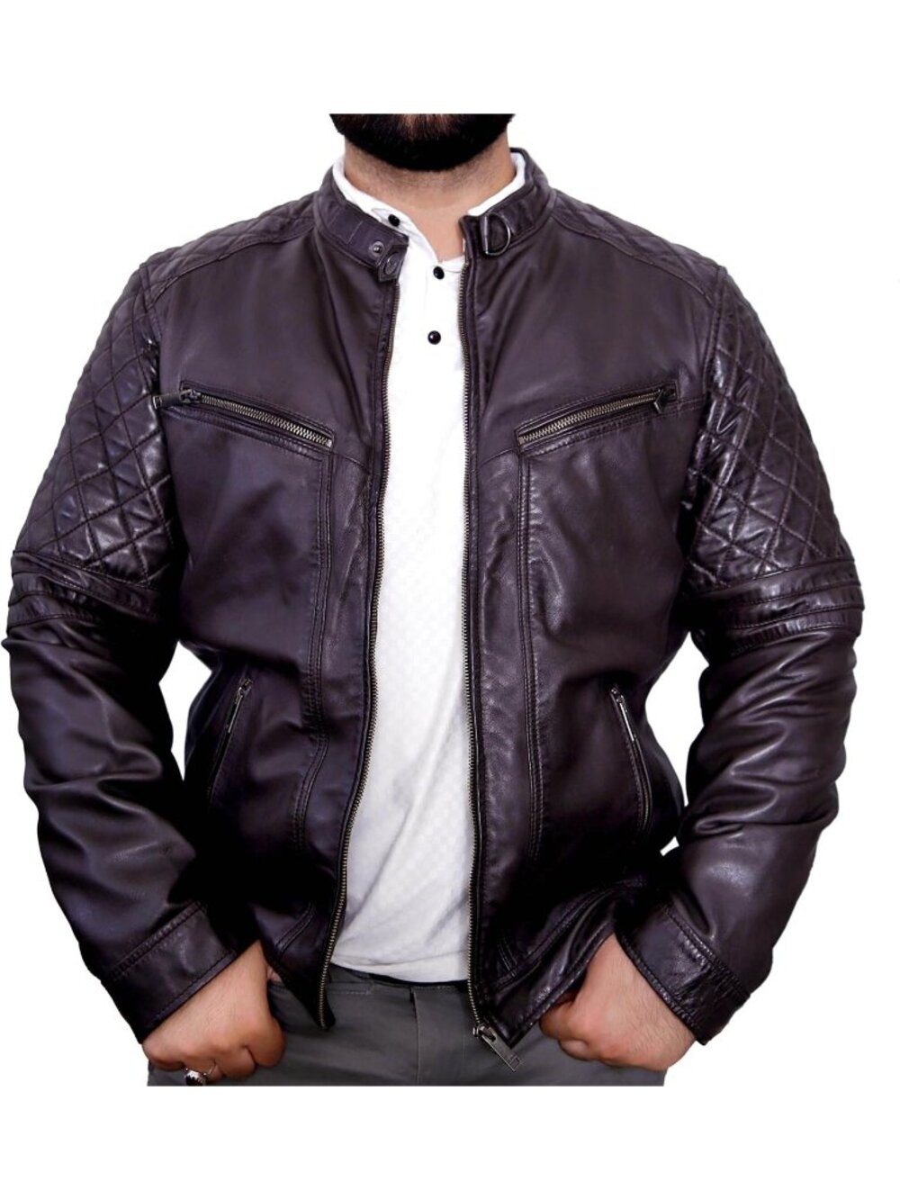 Men’s Dark Brown Genuine Sheep Leather Biker Motorcycle Jacket
